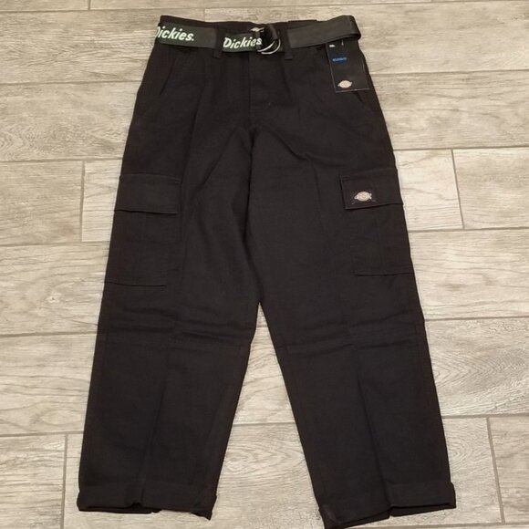 Dickies Women's Relaxed Baggy Fit Cropped Cargo Pants Belt Belted Black New - Picture 4 of 10
